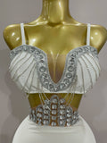 Luxury Shiny Diamond Chain White Sexy Sleeveless Bodycon Mini Dress Evening Birthday Party Nightclub Stage Costume