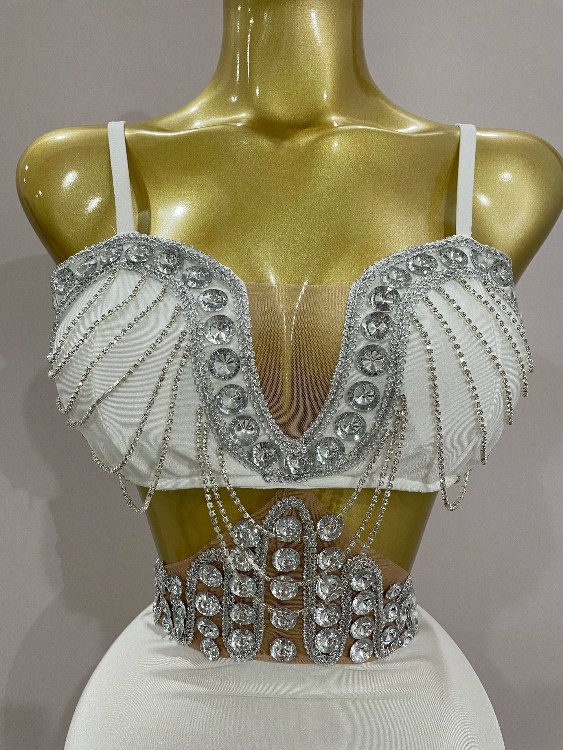 Luxury Shiny Diamond Chain White Sexy Sleeveless Bodycon Mini Dress Evening Birthday Party Nightclub Stage Costume