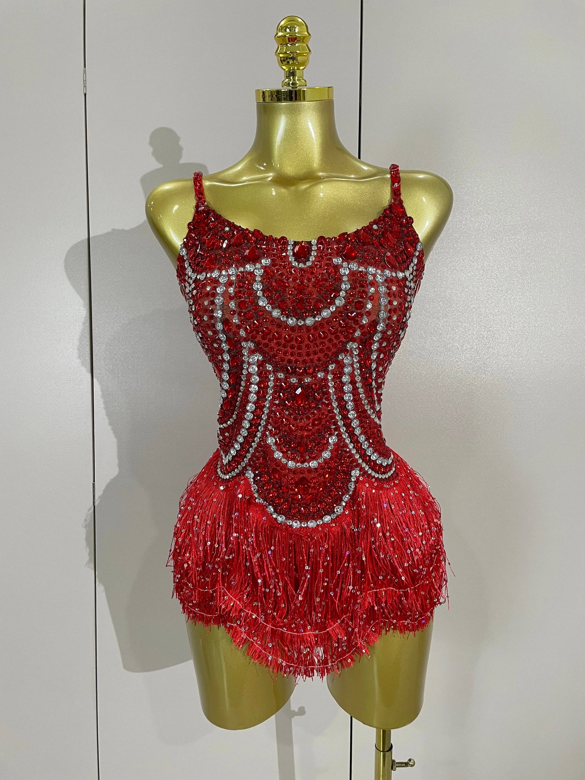 Sparkly Silver Rhinestones Pearl Tassels Bodysuit Women Sexy Eveing Birthday Party Nightclub Stage Performance Costume Red