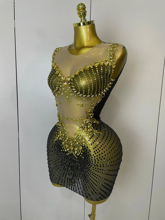 Sparkly Gold Rhinestone Transparent Sleeveless Mini Dress Evening Birthday Celebrate Party Nightclub Performance Costume