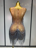 Luxury Rhinestones Tassels Mini Dress Suit Women Sexy See Through Mesh Birthday Party Club Dresses Performance Stage Outfit