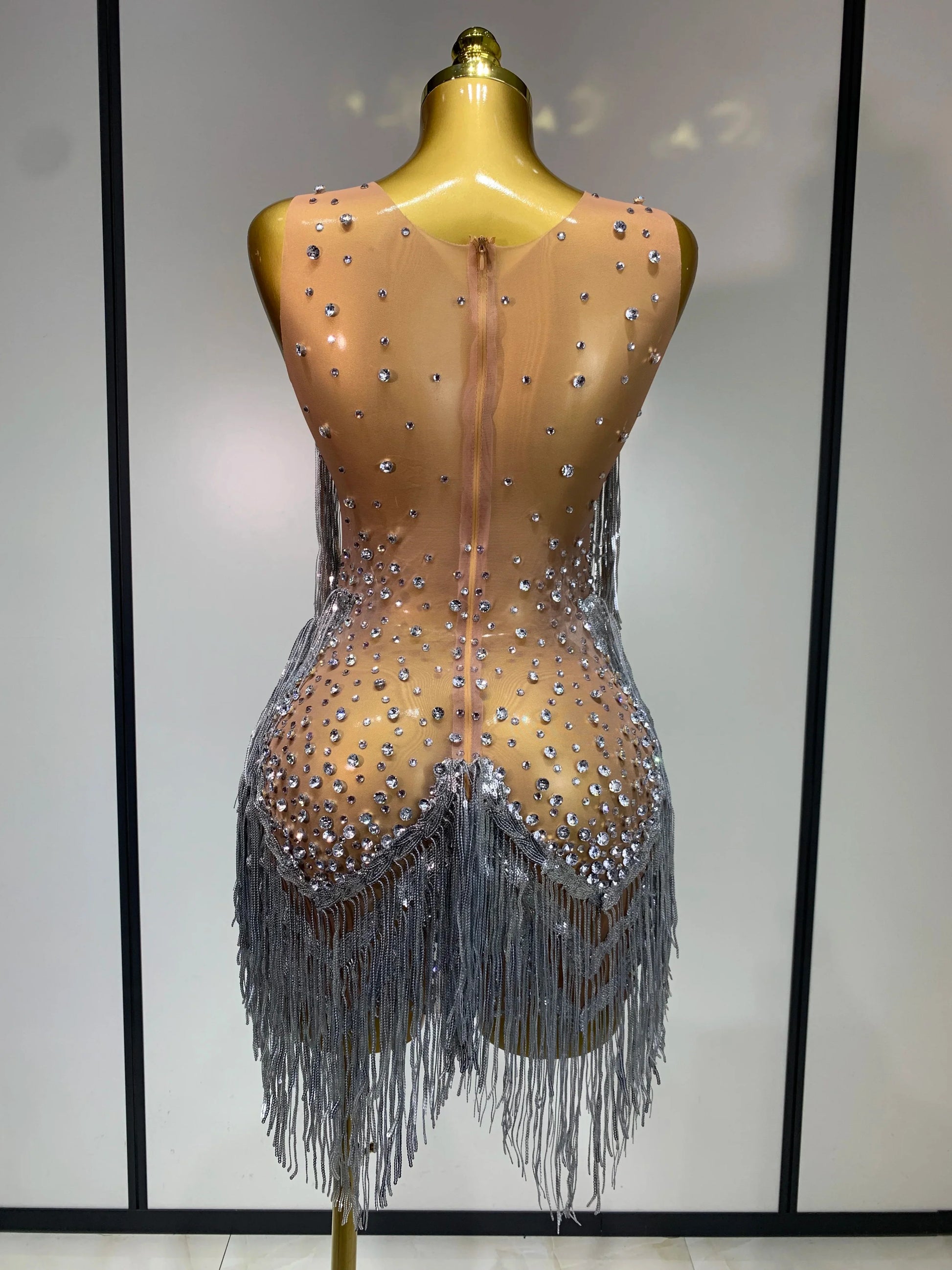 Luxury Rhinestones Tassels Mini Dress Suit Women Sexy See Through Mesh Birthday Party Club Dresses Performance Stage Outfit