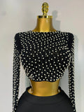 Women Sexy Long Sleeve Mesh Pearl Black Top Celebrity Midi Women Bandage Set Designer Evening Party Birthday Two Piece Set
