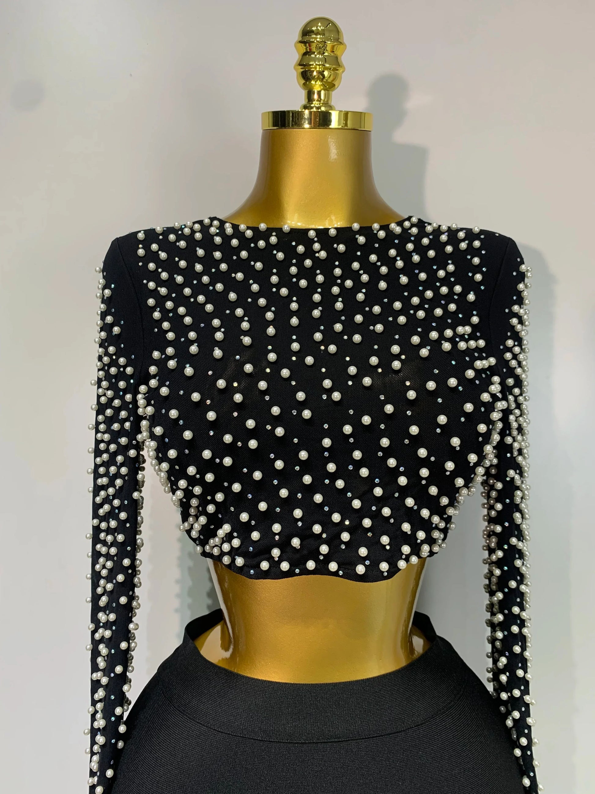 Women Sexy Long Sleeve Mesh Pearl Black Top Celebrity Midi Women Bandage Set Designer Evening Party Birthday Two Piece Set