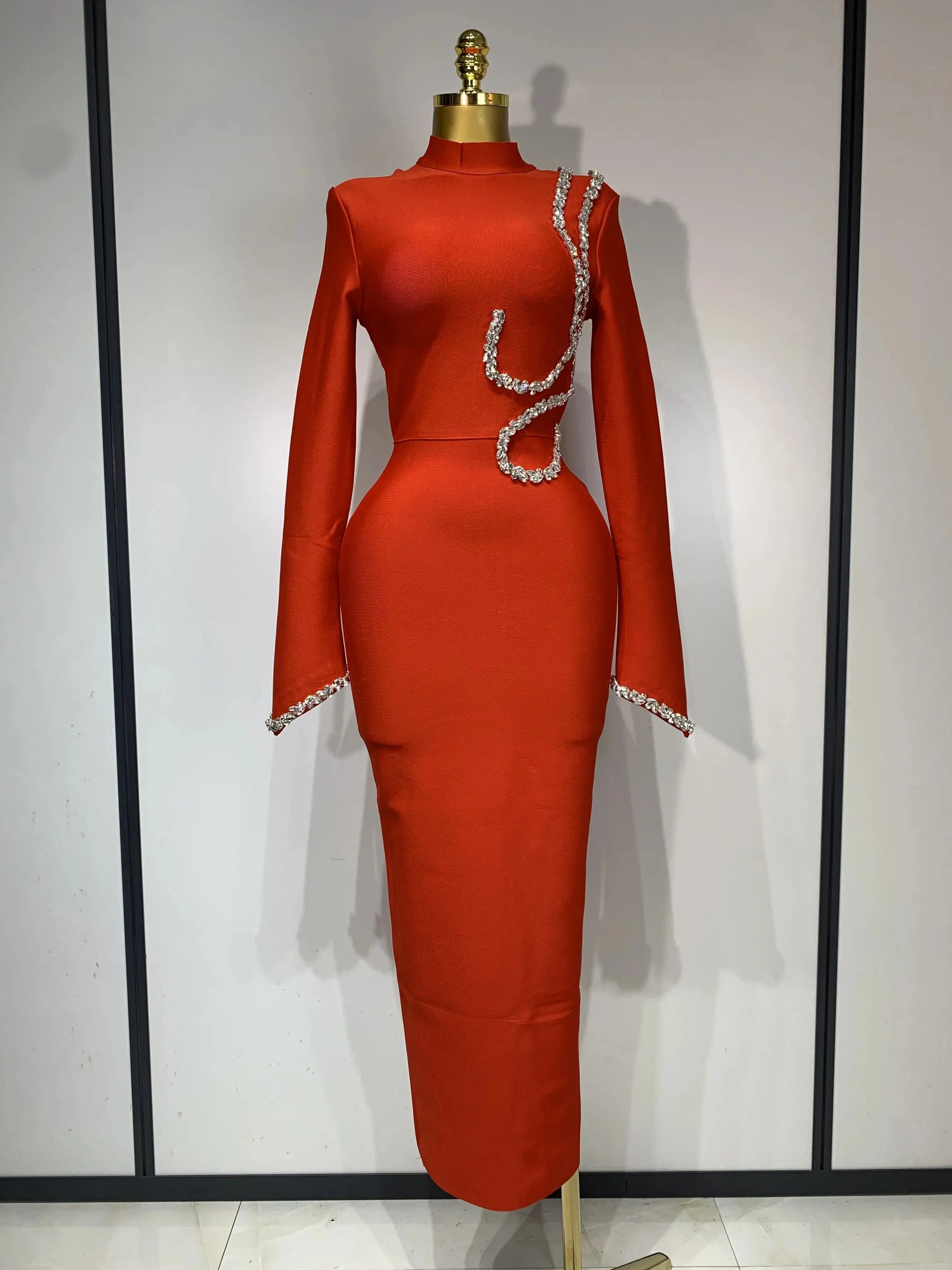 Women Sexy Long Sleeve Diamonds Maxi Long Bodycon Bandage Dress Celebrity Elegant Evening Party Luxury Birthday Dresses Red