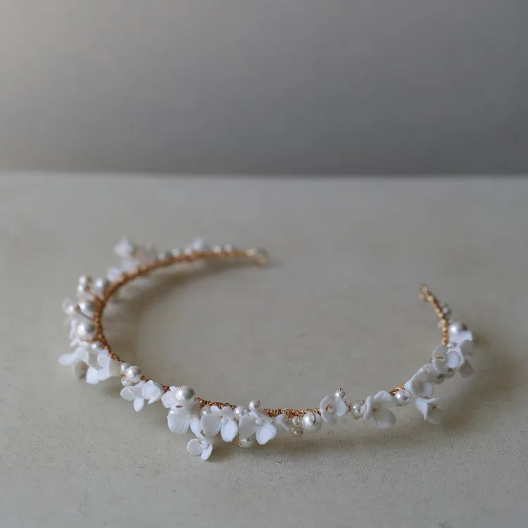 Porcelain Flower Headband Hairband Pearl Headpiece For Brides Women Headdress Headwear Wedding Hair Accessories Bridal Jewelry