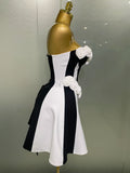 Women Flower Decoration Strapless Black White Stripe Bandage Short Dress Cocktail Party Elegant Evening Club Party Dress