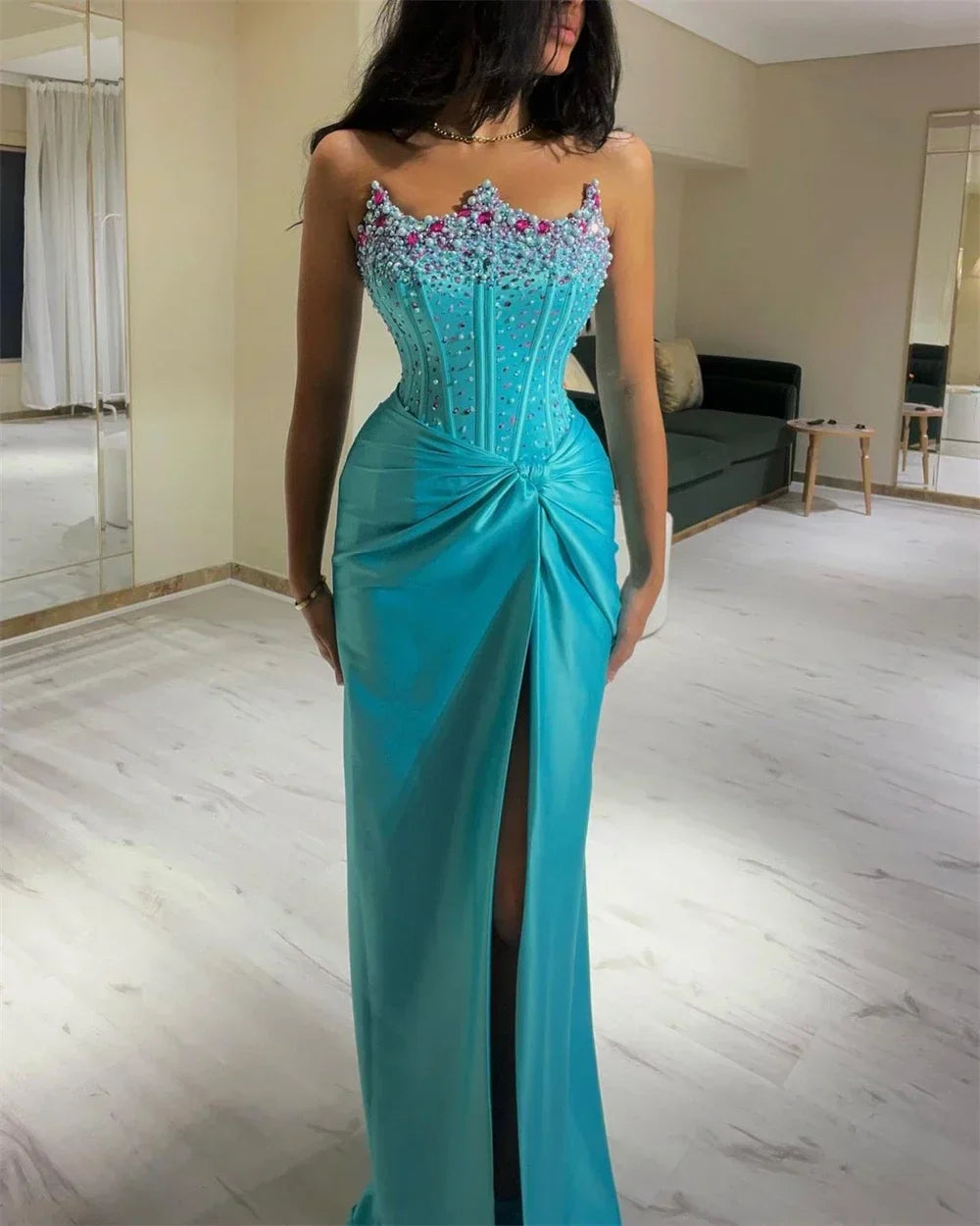 Customized Sexy Mermaid Sparkle Evening Dresses For Women Satin Beaded Party Dresses Formal Occasion Prom Gowns Vestidos De Gala Picture color