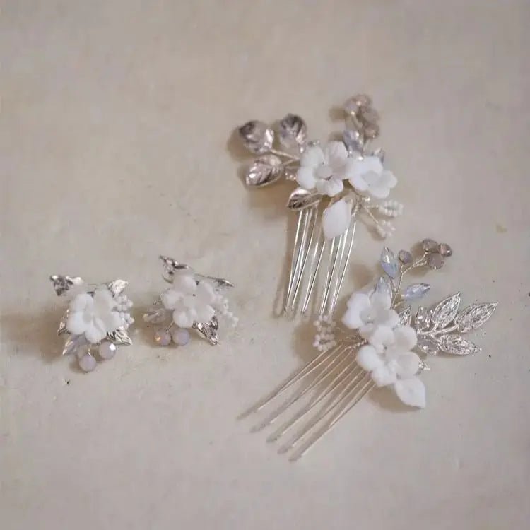 Porcelain Flower Hair Comb Pin Clip Leaf Head Piece For Brides Bridesmaids Crystal Hairpins Wedding Accessories Bridal Jewelry