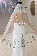 Flower Embroidered Bridal Veil Lace Floral Wedding Veil Fingertip Length Wildflower Veil with Metal Comp
