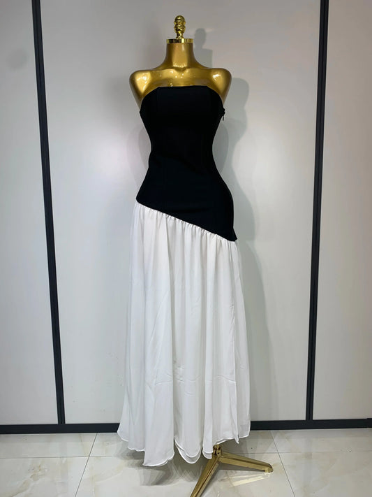 Sexy Strapless Backless Patchwork Maxi Long Bodycon Bandage Dress Celebrity Elegant Evening Party Luxury Birthday Dress black
