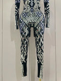 Sexy Shiny Silver Sequins Mirror Black Spandex Jumpsuit Women Prom Dancer Singer Costume Evening Birthday Show Stage Outfit