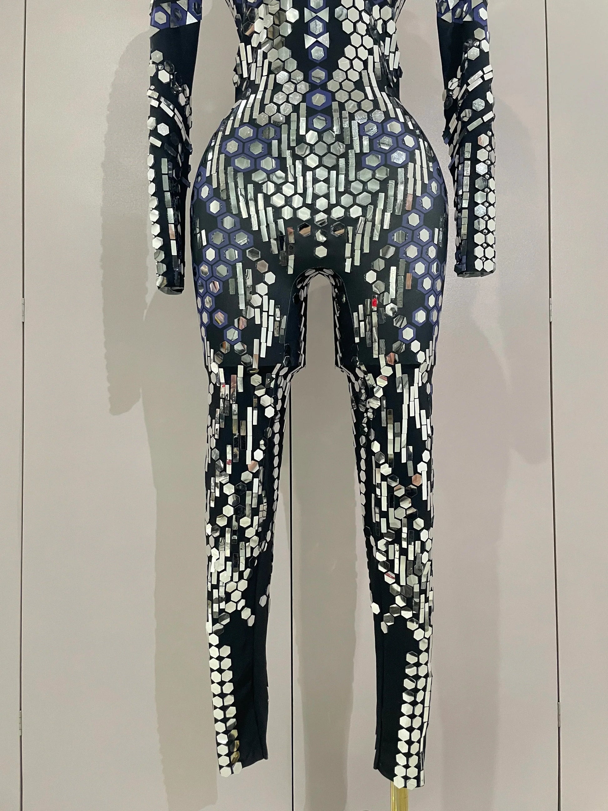 Sexy Shiny Silver Sequins Mirror Black Spandex Jumpsuit Women Prom Dancer Singer Costume Evening Birthday Show Stage Outfit