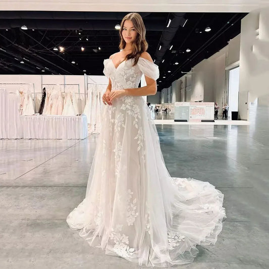 Exquisite Flower Wedding Dresses For Brides Off The Shoulder Lace Appliques Bride Dress Plus Size Boho Wedding Gown As Picture