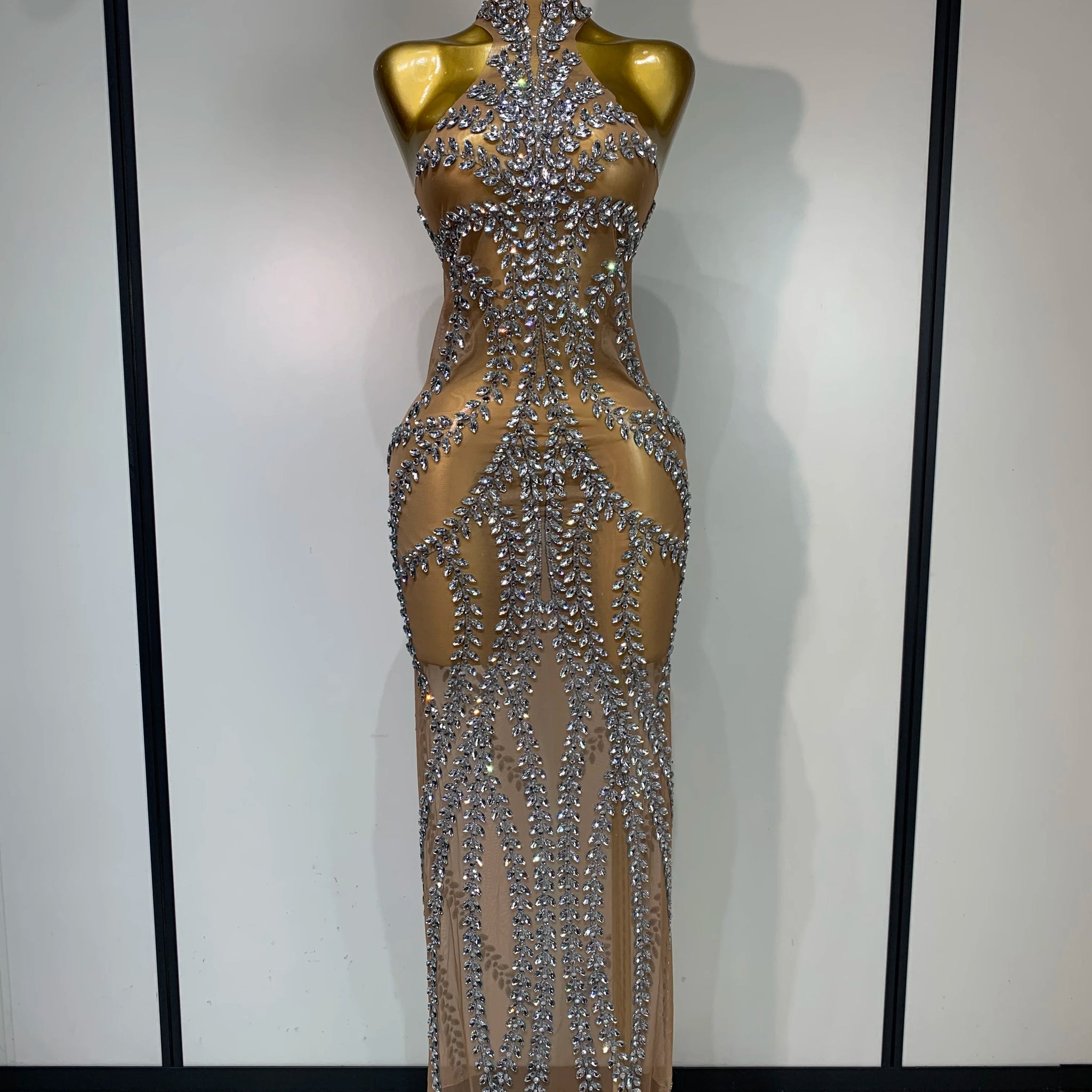 Women Sexy Sparkly Rhinestones Mesh See Through Stretch Dress Luxury Birthday Performance Stage Costume Evening Party Dress Silver