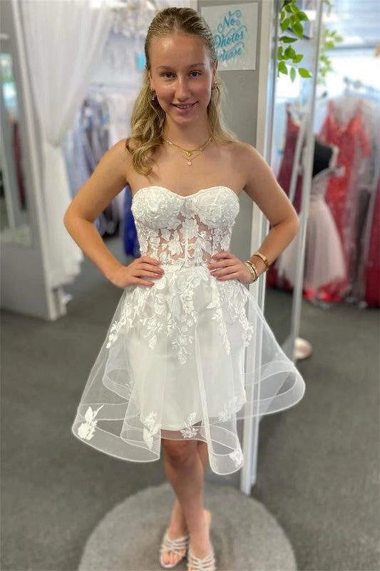 Amanda White Mini Strapless Prom Gown Elegant Sleeveless Lace Embroidery Evening Formal Knee-Length Party Dress for Women 2024