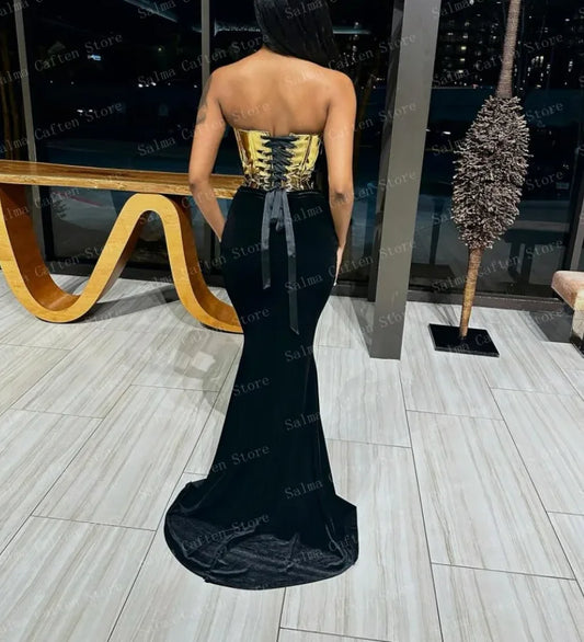 Women Celebrity Sexy Strapless Backless Gold Black Maxi Long Two Pieces Skirt Set Elegant Evening Club Party Outfits