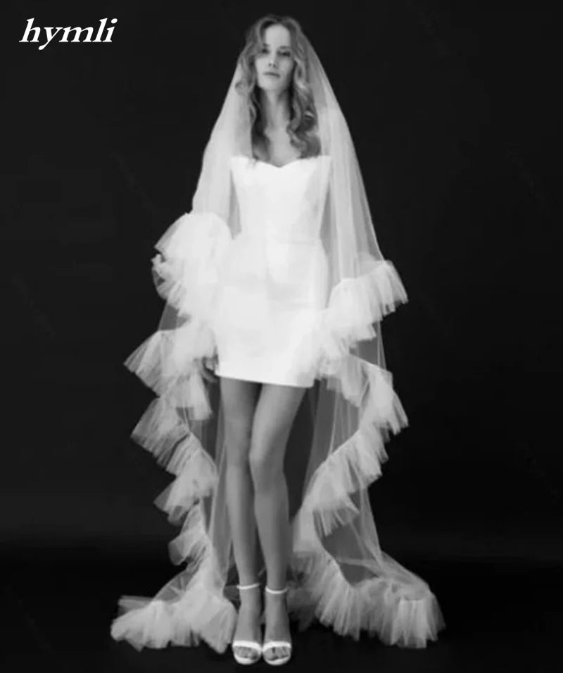 2 Layer Ruffled Edge Bridal Veil Chapel Length Tassel Veil With Ruffles