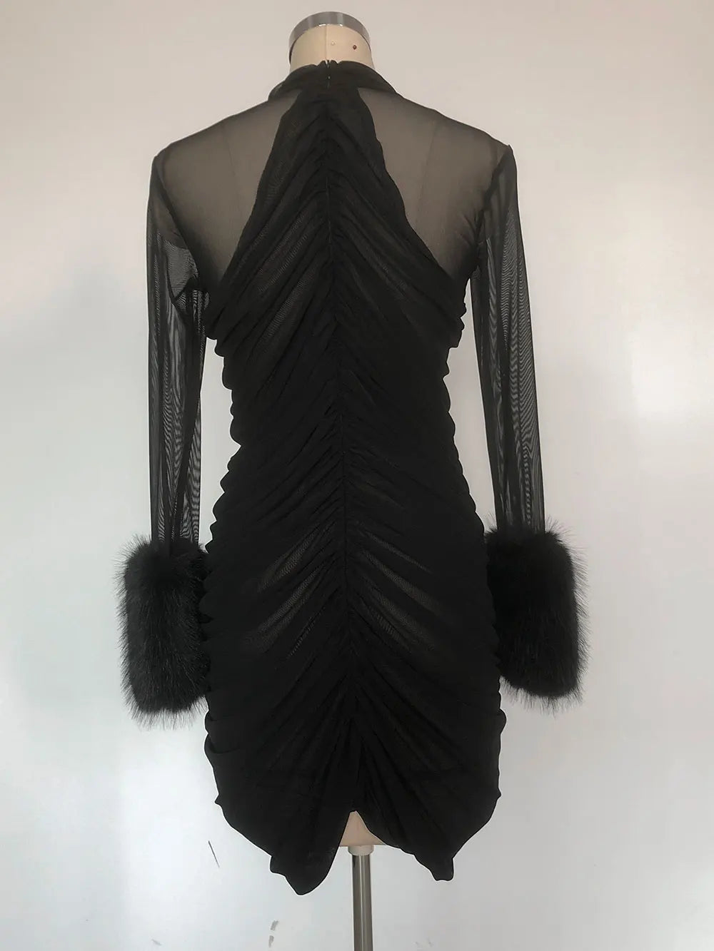 Sexy Women's Patchwork Mesh Dress with High Collar and Hairy Sleeve Design Bodycon Draped Mini Dress Evening Party Vestidos