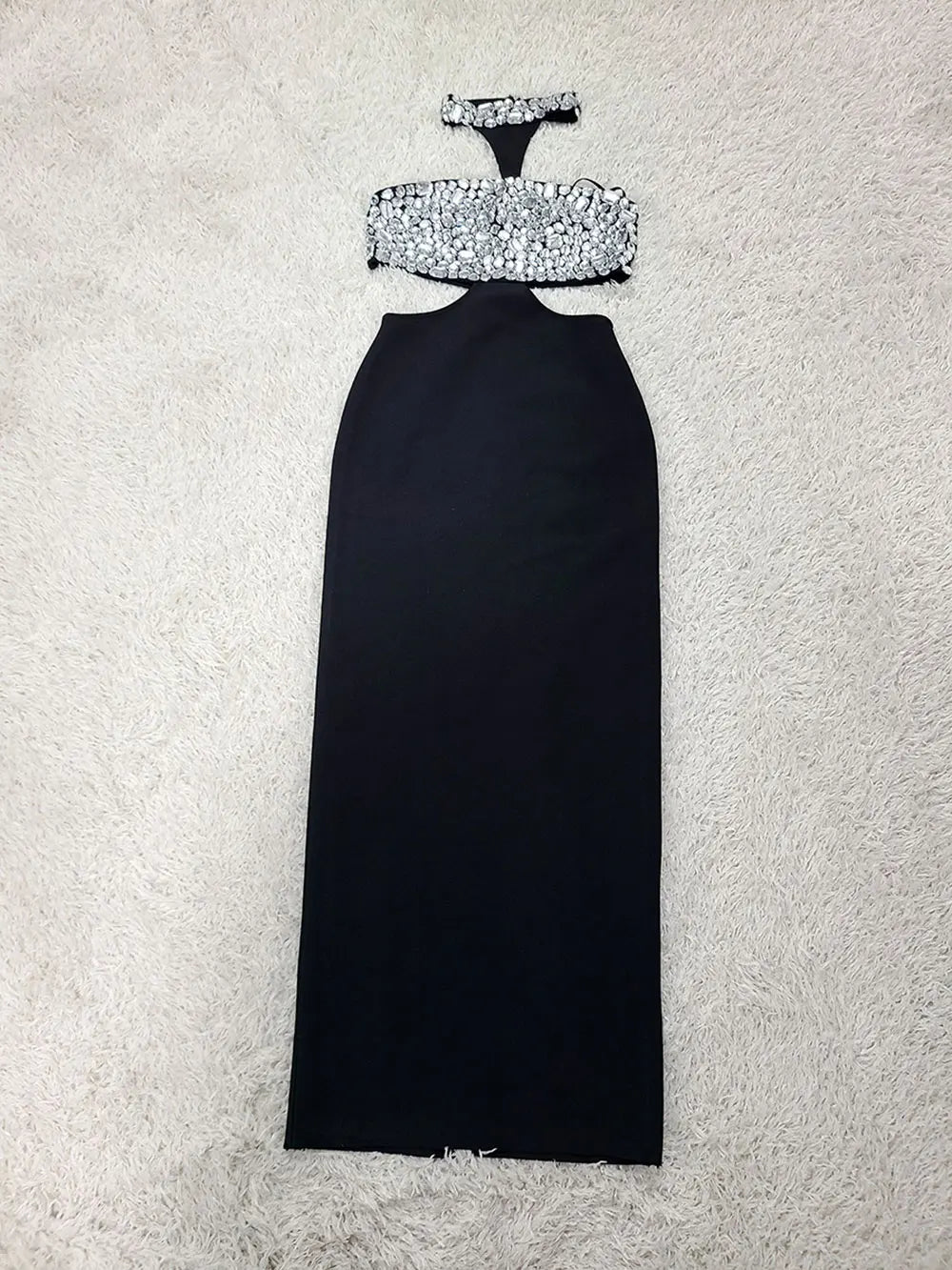 Sexy Women's Light Luxury Nail Bead Design Bandage Dress Hanging Neck Sleeveless Waist Design Bodycon Long Dress Vestitos