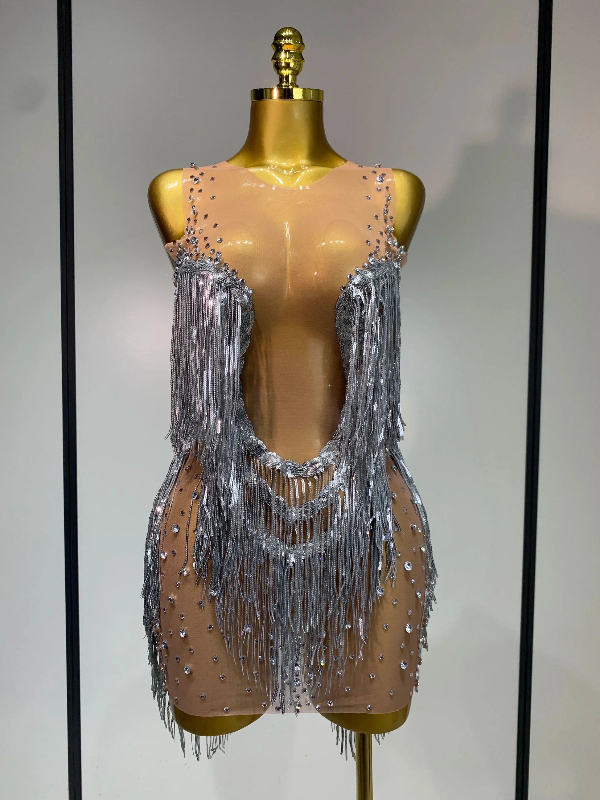 Luxury Rhinestones Tassels Mini Dress Suit Women Sexy See Through Mesh Birthday Party Club Dresses Performance Stage Outfit