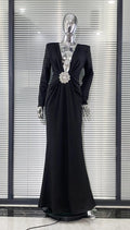 Black Red White Women Long Sleeve Sexy Deep V-Neck Bodycon Long Dress Elegant Evening Party Celebrate Birthday Outfit Vestido black