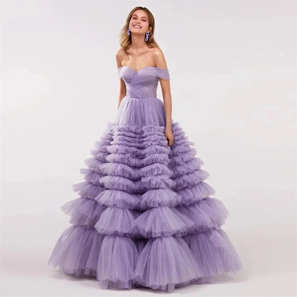 Lavender فساتين السهرة Off the Shoulder Tulle Vestidos De Noche Elegant Sleeveless Multilayer A-line Prom Dresses