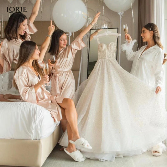 Lorie glitter a linha vestidos de casamento cintas de espaguete querida aberto as costas boho vestidos de noiva brilhante princesa vestido de noiva
