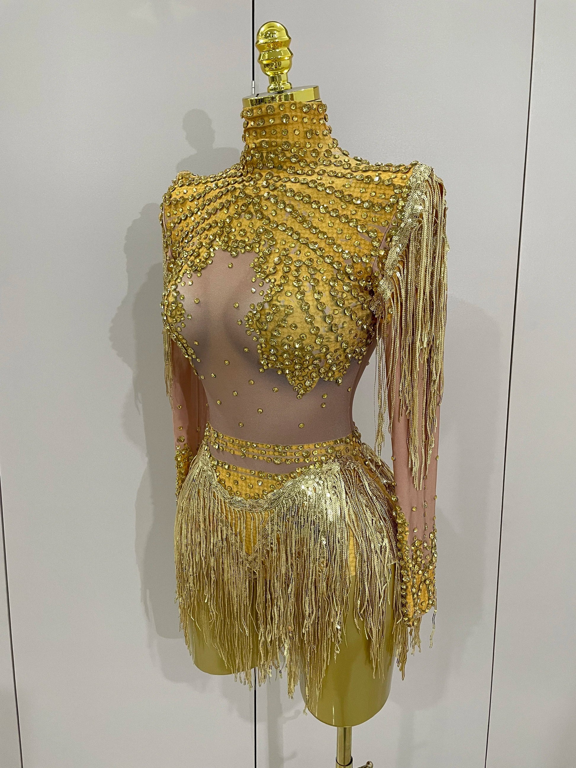Sparkly Rhinestone Sequin Tassel Stretch Bodysuits Women Birthday Party Nightclub Dj Stage Performance Costume