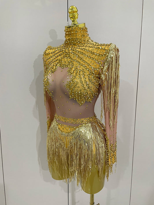 Sparkly Rhinestone Sequin Tassel Stretch Bodysuits Women Birthday Party Nightclub Dj Stage Performance Costume