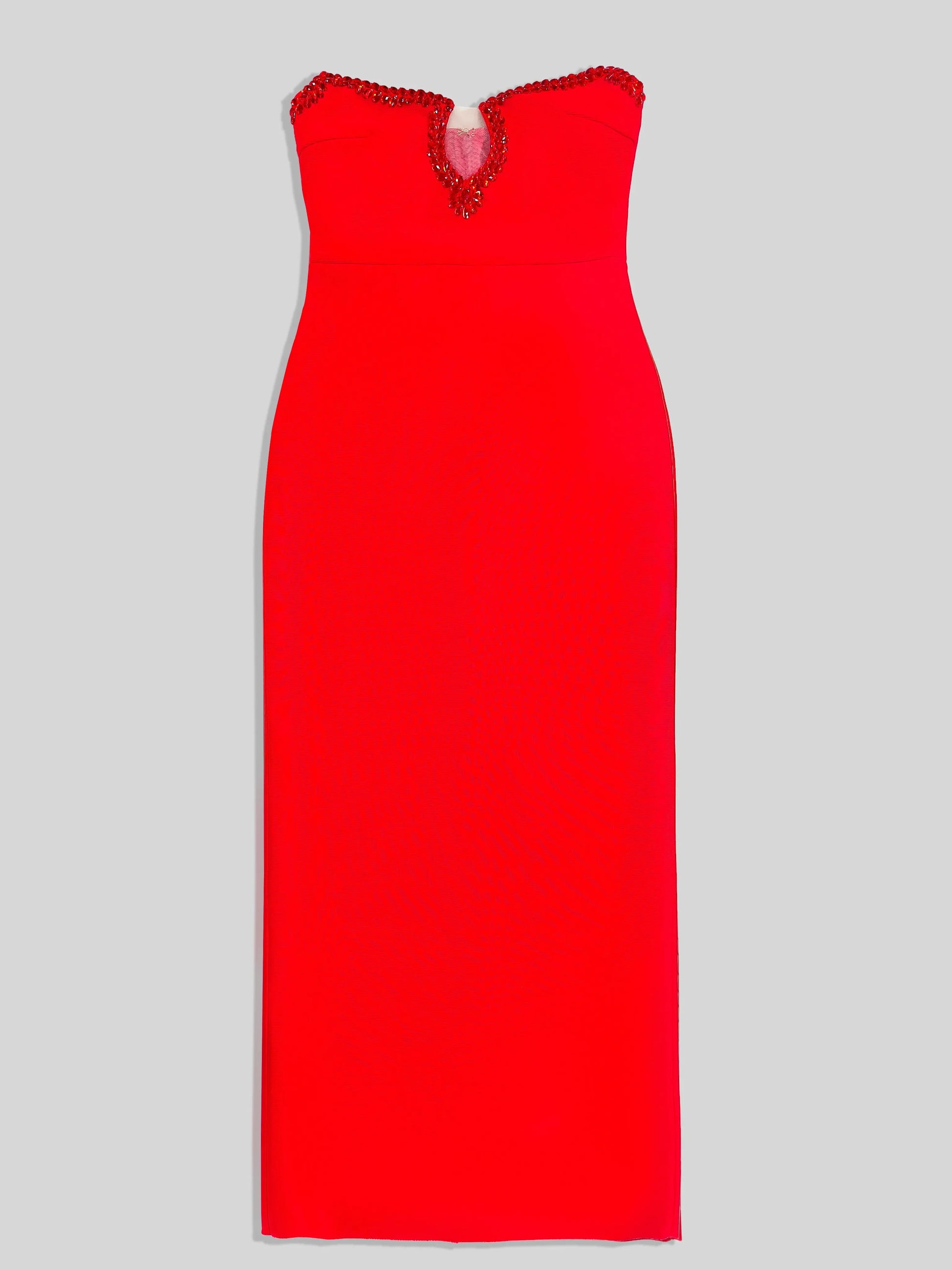 Red Color Women Sexy Strapless Shinning Crystal Bodycon Long Bandage Dress Wedding Mermaid Celebrate Evening Party Outfit