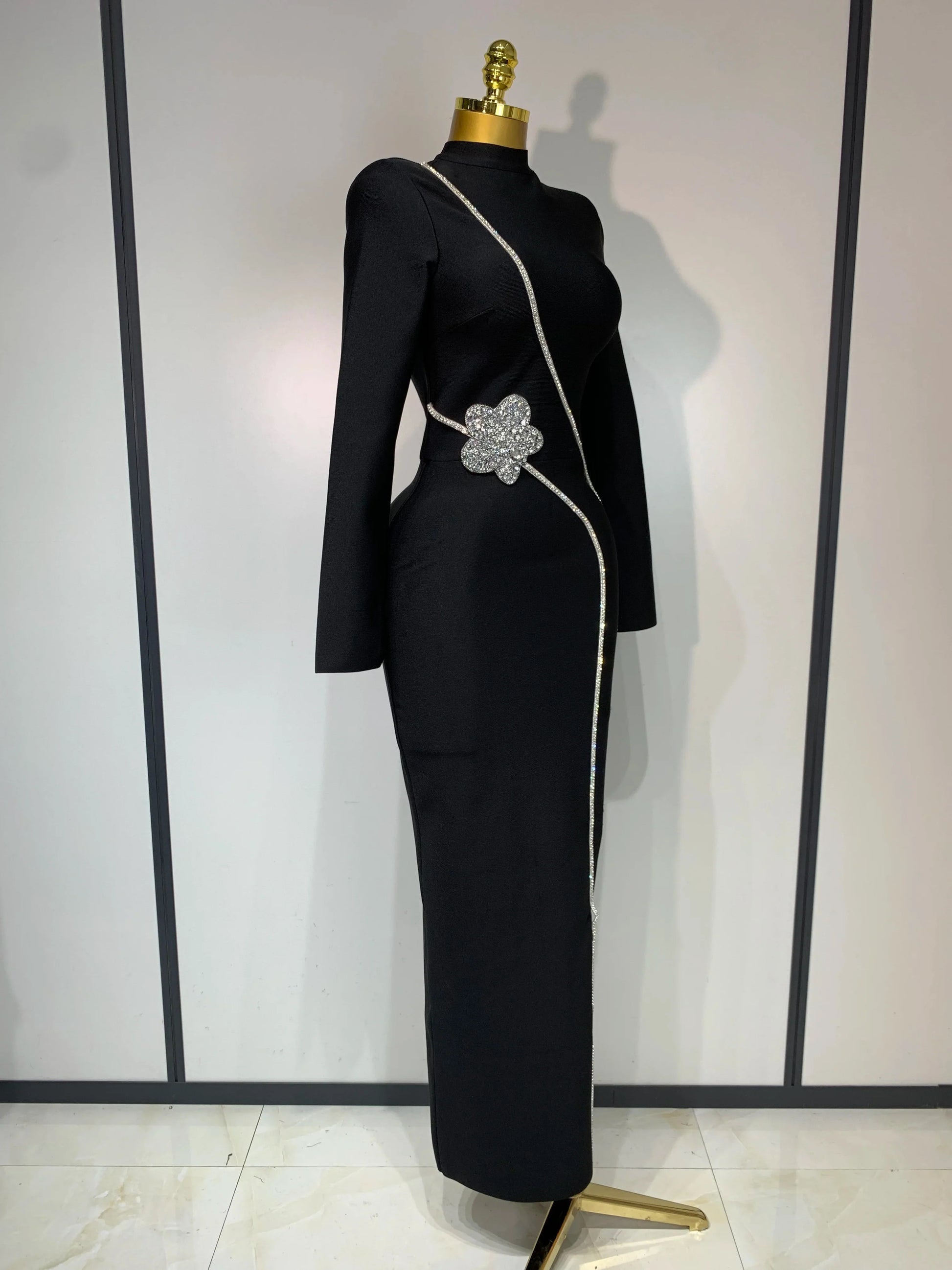 Newest Fashion Designer Party Dress Women's Formal Long Sleeve Diamonds Bodycon Bandage Dress Elegant Luxury Birthday Gown