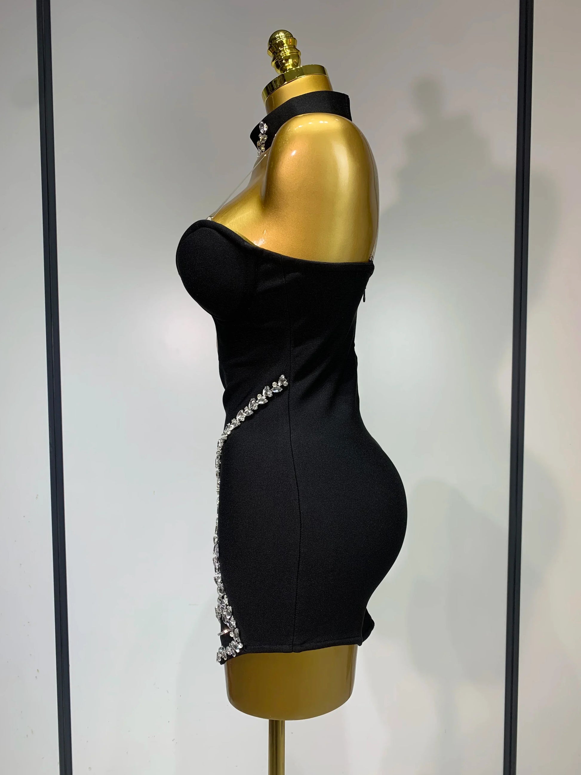 Sparkly Rhinestones Chain Bodycon Strapless Mini Bandage Dress Women Backless Luxury Birthday Evening Party Club Dresses