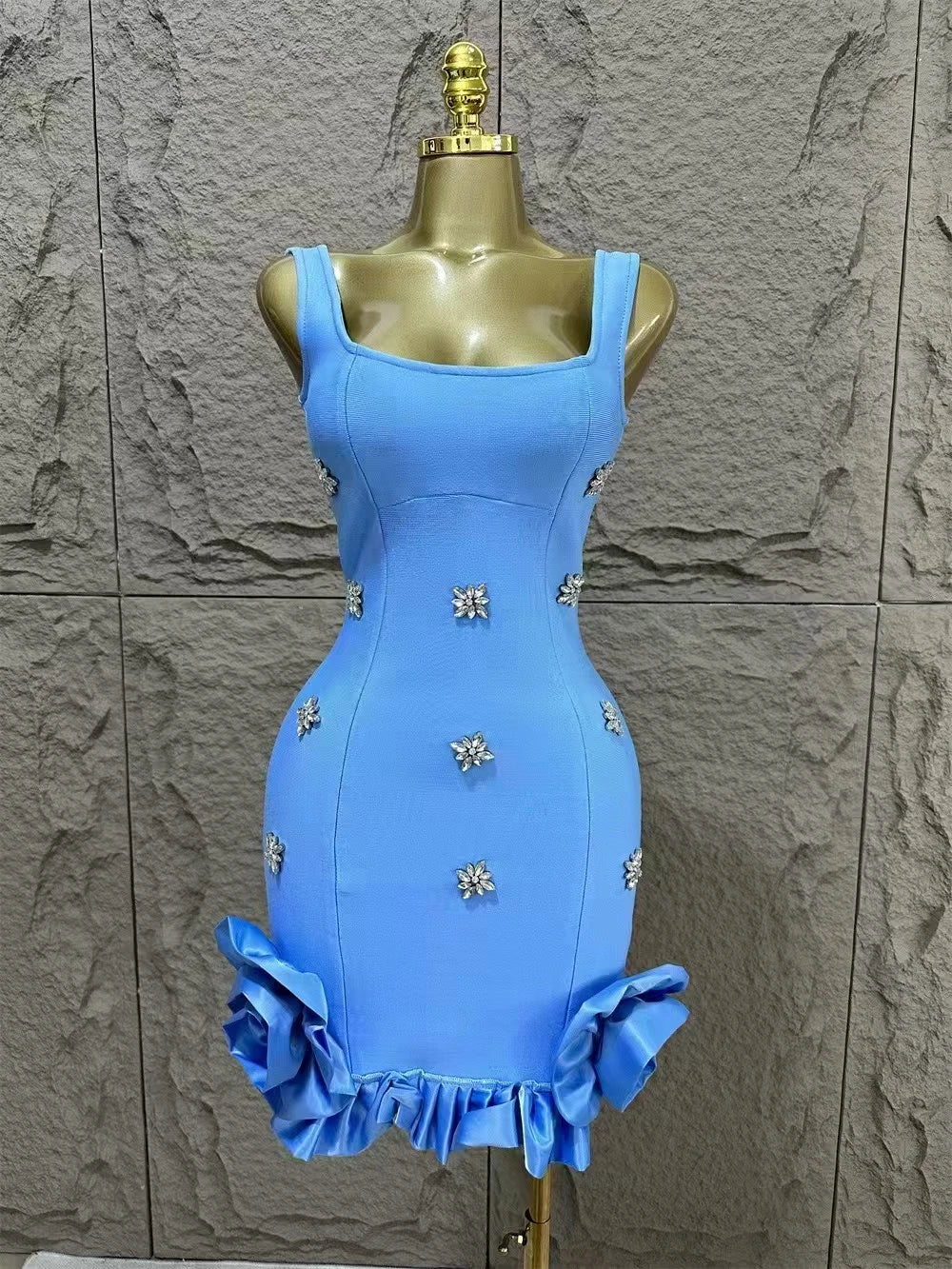 Women Sleeveless Sexy Square Collar Shinning Crystal Ruffles Bodycon Mini Bandage Dress Nightclub Party Birthday Wear SKY BLUE