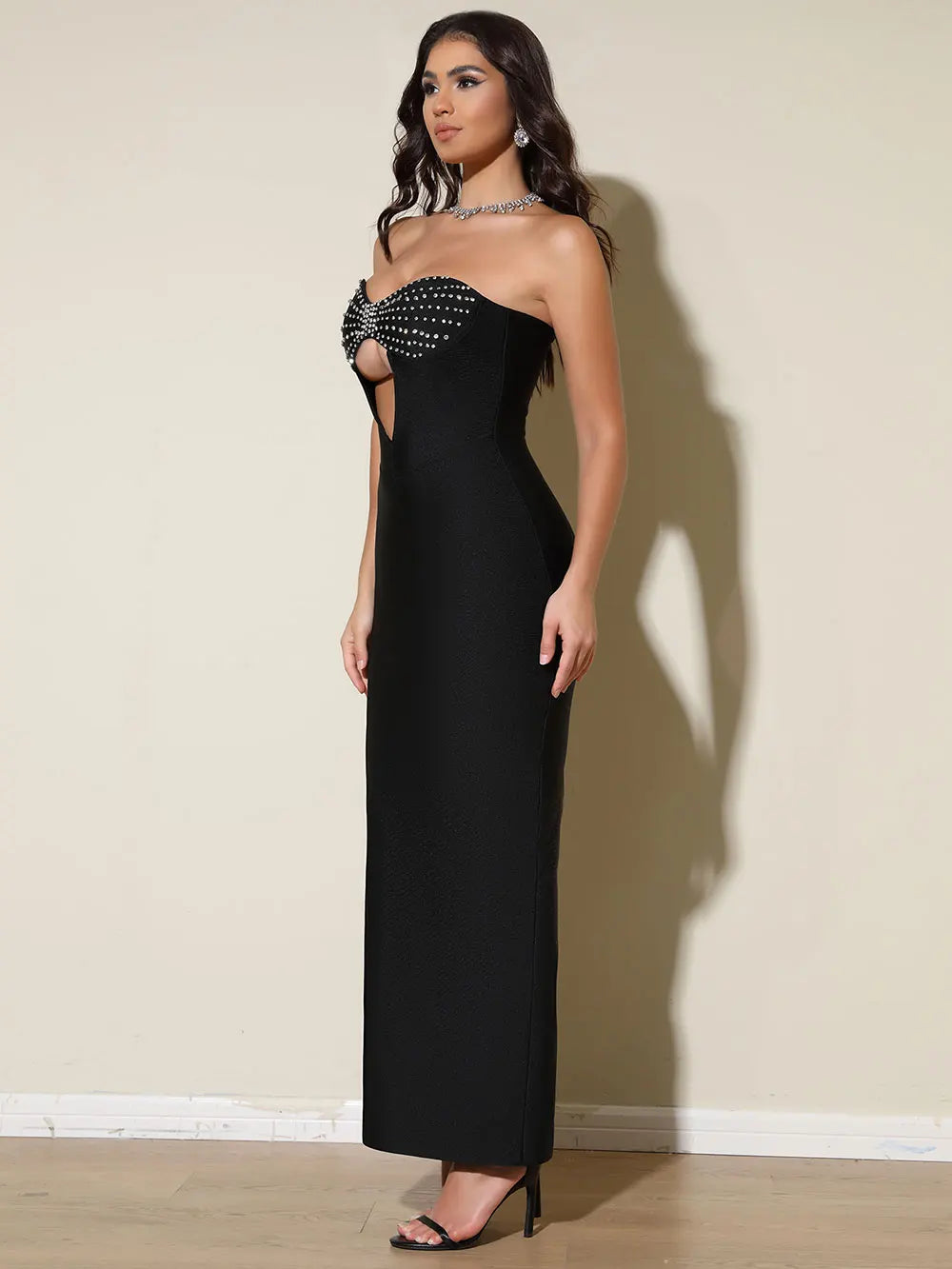 2025 Spring Women's Bandage Dress Sexy Strapless Sleeveless Water Diamond Hollow Design Bodycon Dress Evening Club Party Vestid