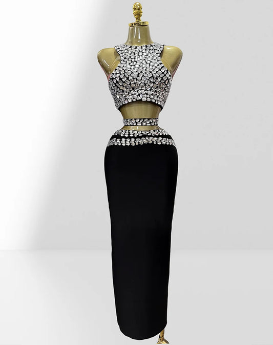 Stylish Expose Wasit Woman Set Sparkling Diamonds Short Tank Top And Bandage Skirt 2 Pieces Birthday Party Vestido