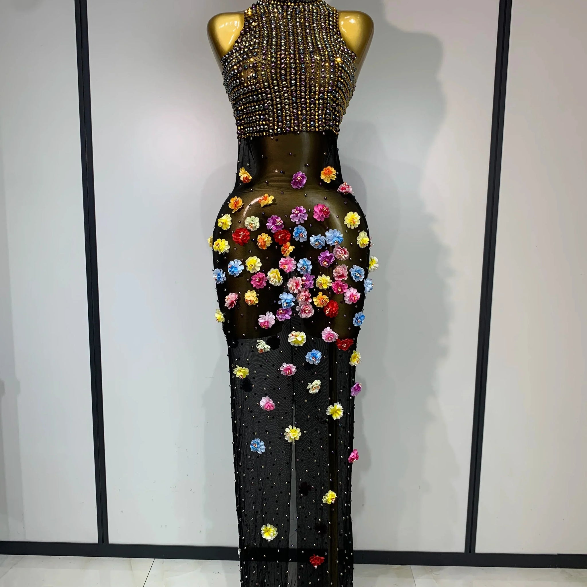 Luxury Rhinestones Flowers Sexy See Through Long Dress Elegant Evening Party Birthday Wedding Guest Dress Club Stage Outfit black