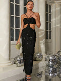 Sexy Women Nail Bead Tassel Bandage Dress Spaghetti Strap Sleeveless Waist Design Bodycon Long Dress Evening Party Vestidos black