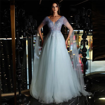 Noble Sky Blue Tulle Prom Dress V-Neck Long Cape Floor Length Ruched Sequineds Formal Evening Dress Women Party Gowns