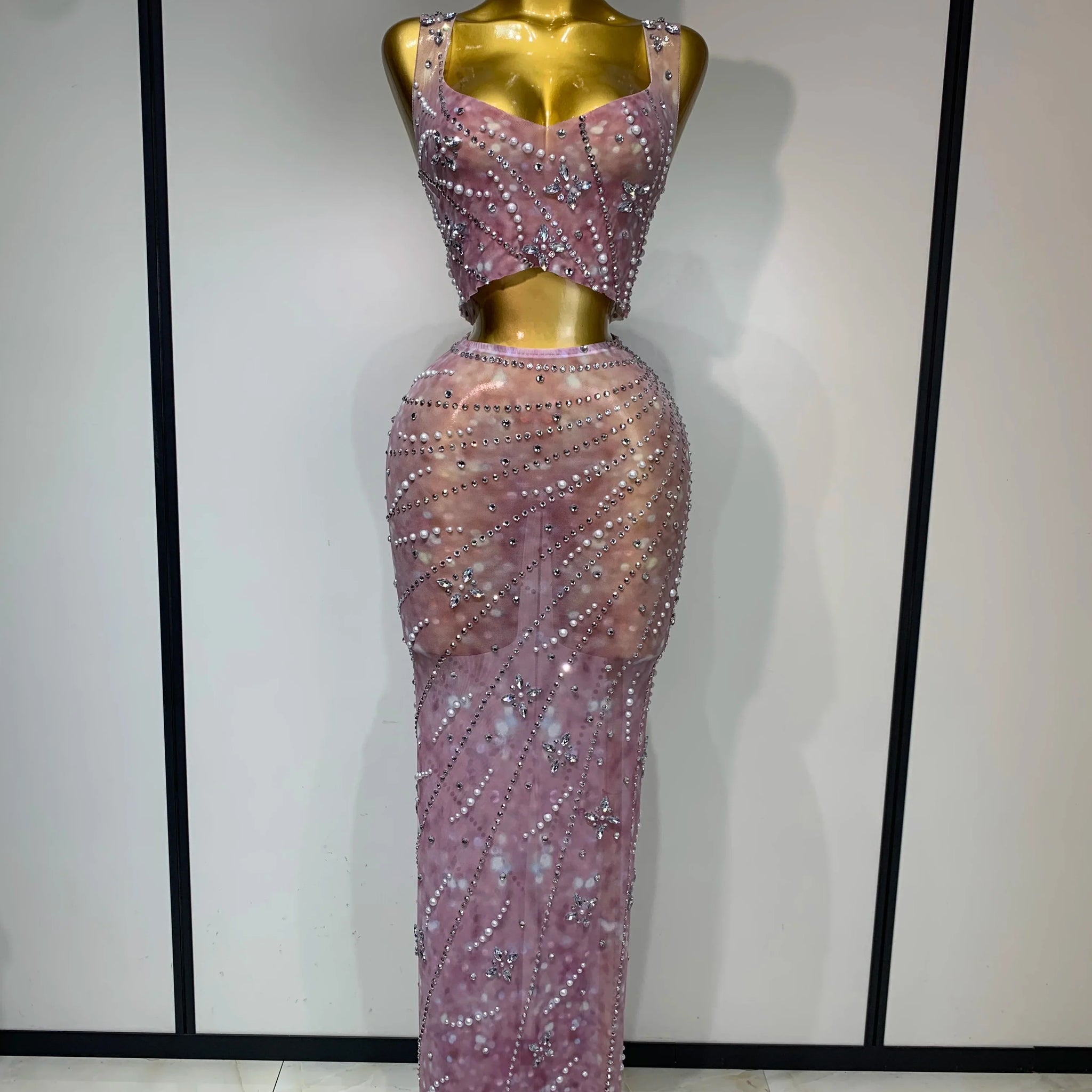 Women Sexy Two Pieces Set Celebrity Luxury Rhinestone Nightclub Skirt Suits Singer Dancer Stage Costume Evening Club Party Gowns Pink