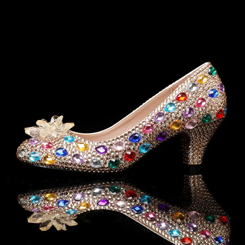 Luxury Colorful Rhinestones Wedding Women Pumps Fashion Round toe Crystal Flowers Bridal Party High heels Elegant Banquet Shoes