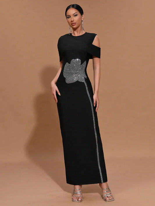 Elegant Women Light Luxury Hot Diamond Flower Design Bandage Dress O-Neck Shoulder Bodycon Long Dress Evening Party Vestido