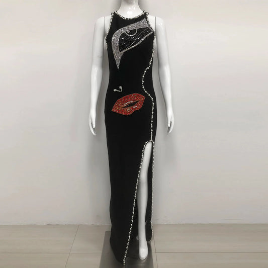 Women Sleeveless Sexy Shinning Rhinestones Bodycon Long Bandage Dress Celebrate Evening Party Birthday Fashion Wear