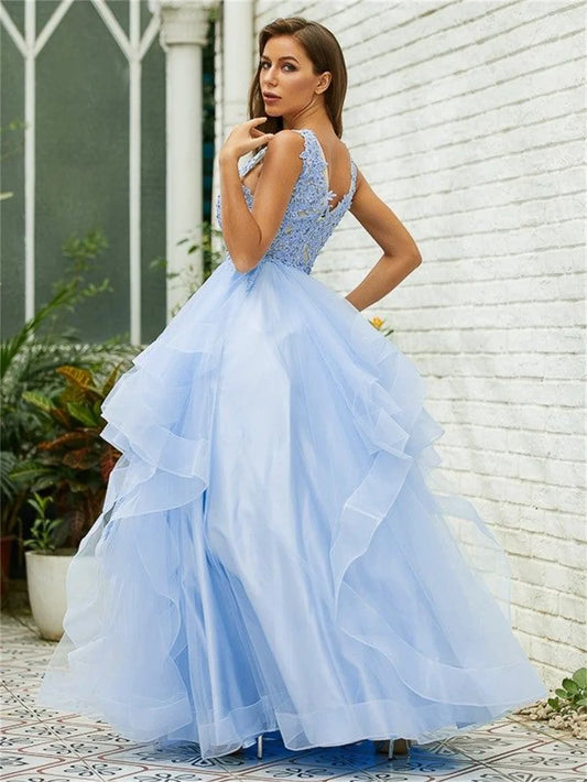 Light Blue Tulle Prom Dresses Edge Curl V-neck A-line Wedding Dress Lace Embroidery Floor-Length Vestidos De Fiesta