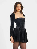 2024 Sexy Women's Christmas Dress Lace Square Collar Bubble Long Sleeve Slimming Bareback Drawstring pleated Mini Dress Vestidos
