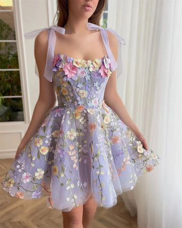 Amanda Sweet Lavender Mini Spaghetti Strap Evening Dress with 3D Flowers Short Prom Dress As Picture