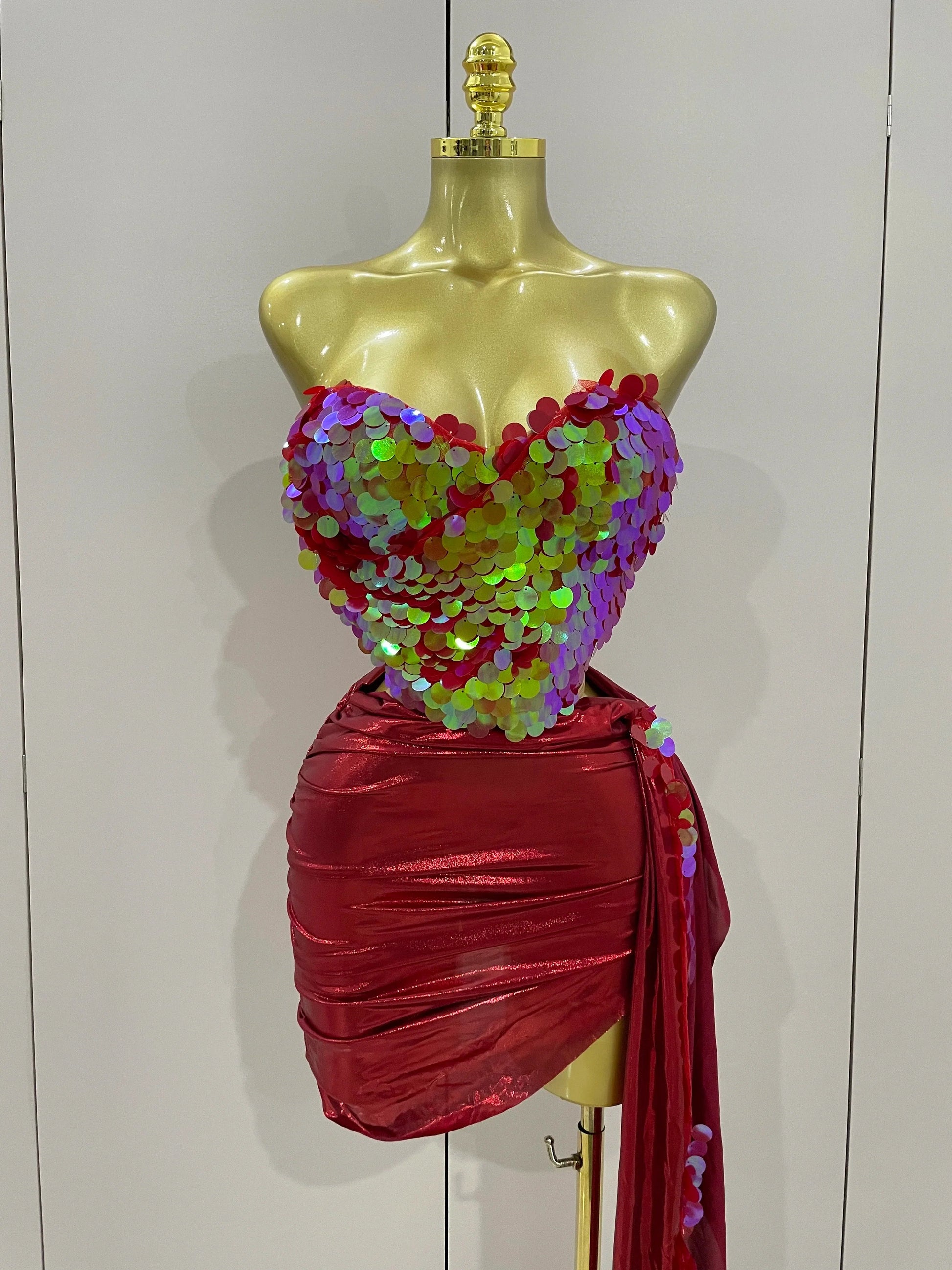 Sexy Pink Sequin Strapless 2 Pieces Bodycon Mini Dress Women Celebrate Birthday Party Bar Singer Nightclub Stage Costume Red