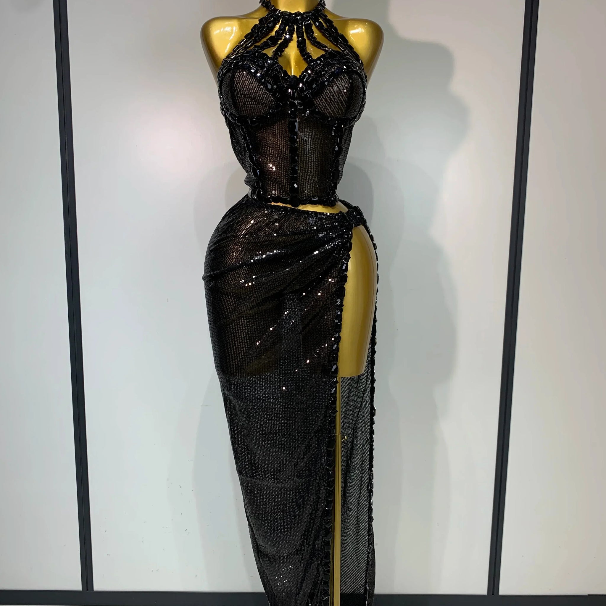 Sexy Shiny Diamond Two Piece Set Women Evening Celebrate Festival Luxury Birthday Party Nightclub Singer Stage costume black