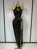 Women Sparkly Silver Rhinestones Top Long Skirt Two Pieces Set Singer Dancer Performance Costume Nightclub Stage Wear black