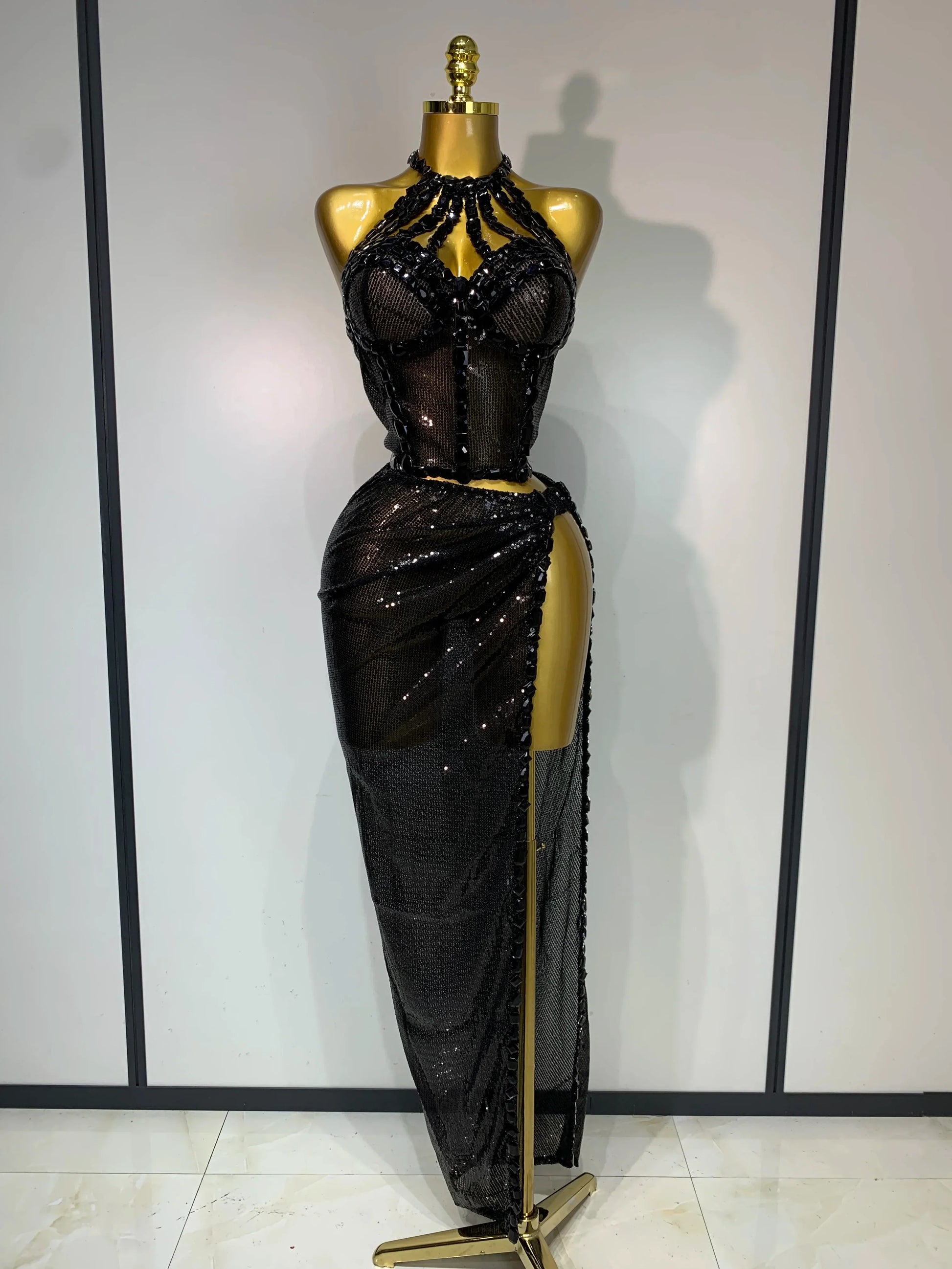 Women Sparkly Silver Rhinestones Top Long Skirt Two Pieces Set Singer Dancer Performance Costume Nightclub Stage Wear black
